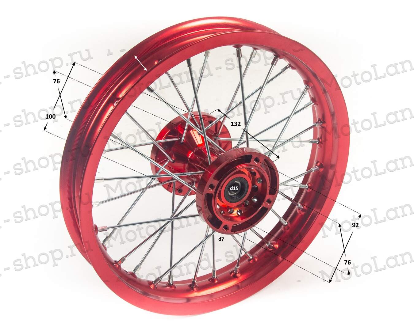 Обод задний 14" (1,85-R14 d=15mm) CNC ступица, алюминий/красный X-TECH (4x100x76/4x92x76 диск/звезд)