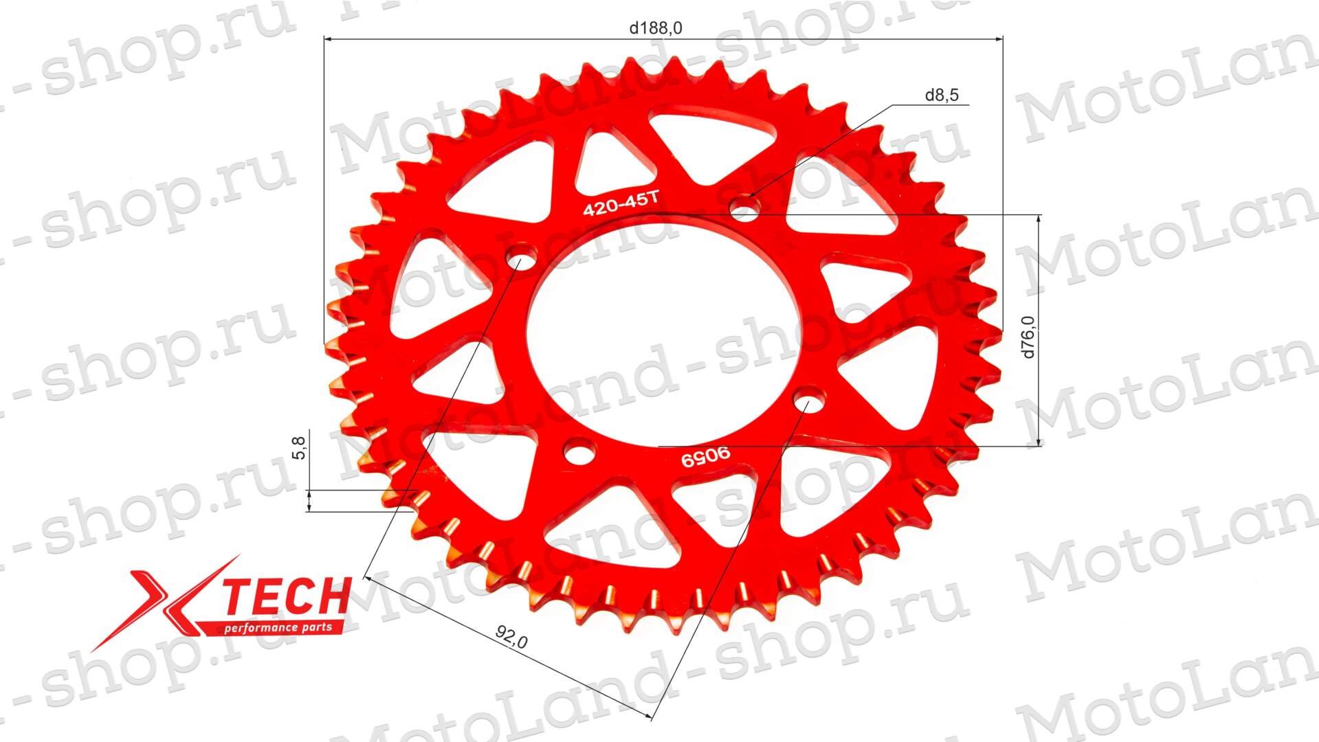 Венец, звезда ведомая (420-45) X-TECH PIT BIKE 125-190 4х90х76 алюминиевая с самоочисткой