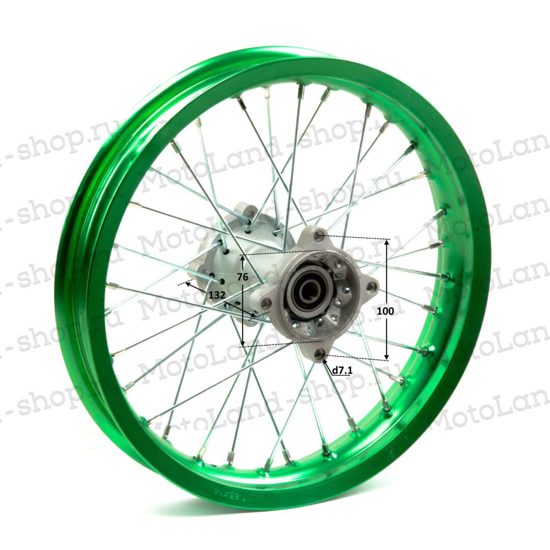 Обод задний 14" (1,85-R14 d=15mm) алюминий/зеленый (4х100х76/4х92х76, диск/звезд)