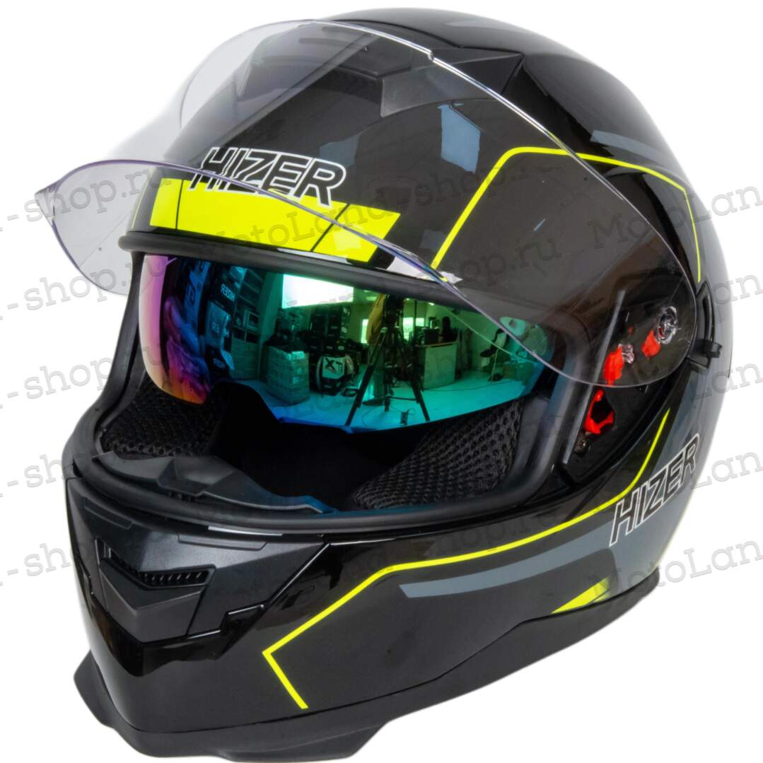 Шлем мото интеграл HIZER J5318 №1 (M)  black/yellow (2 визора)