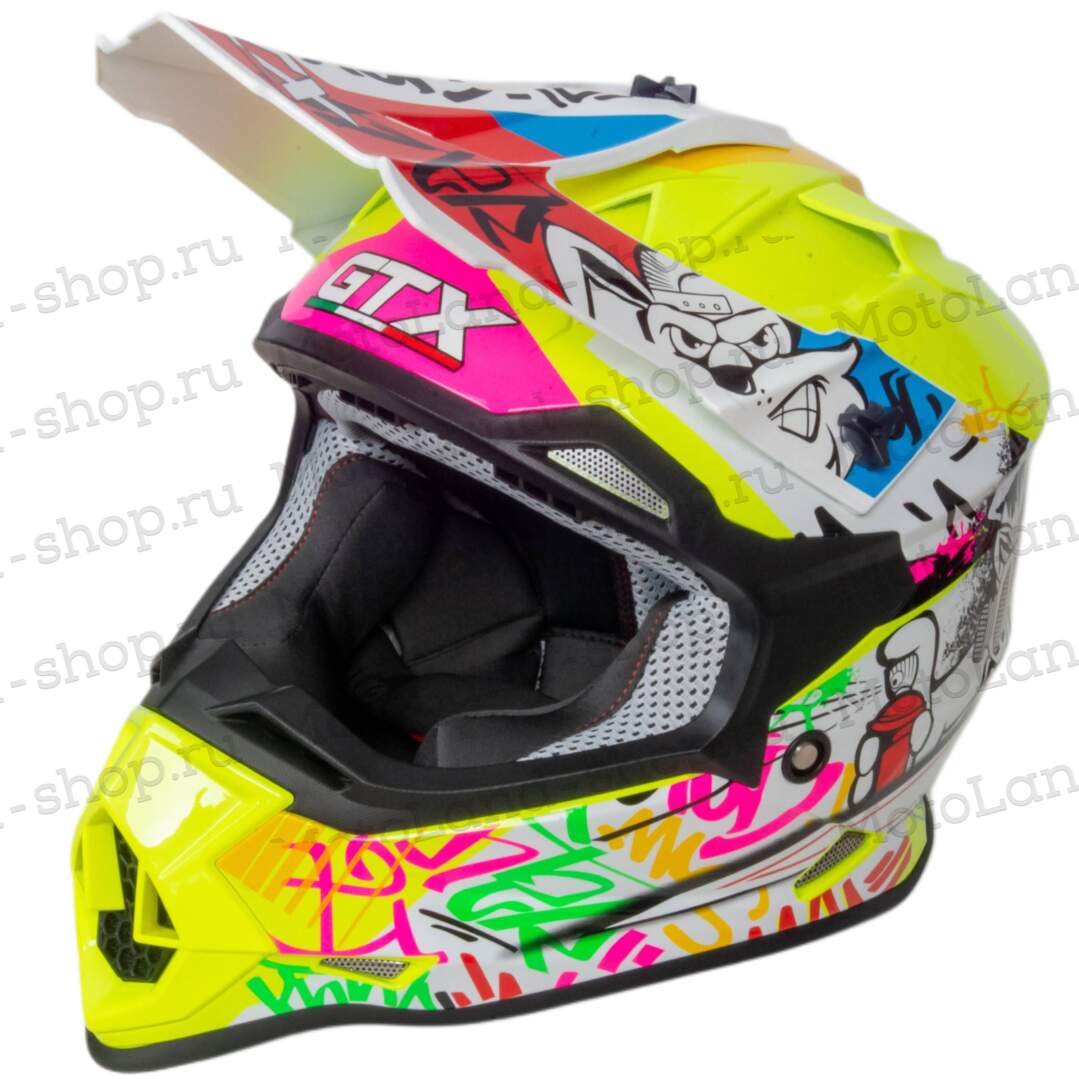 Шлем мото кроссовый GTX 632S №1 (M) FLUO YELLOW / RED BLUE детский (51-52)