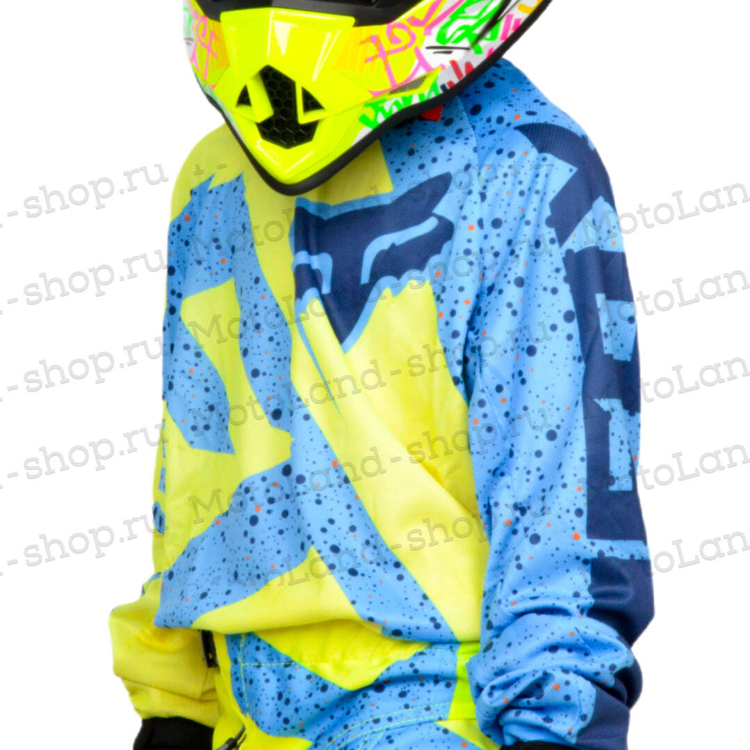 Джерси/футболка для мотокросса (детская) FOX №2 / Blue/Neon-Green (рост 140-145 см)