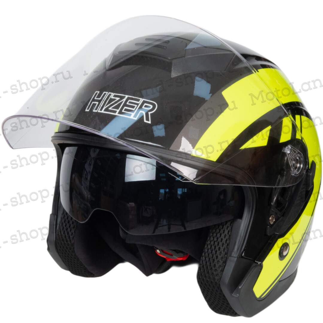 Шлем мото открытый HIZER J222 №2 (XL) black/yellow (2 визора)